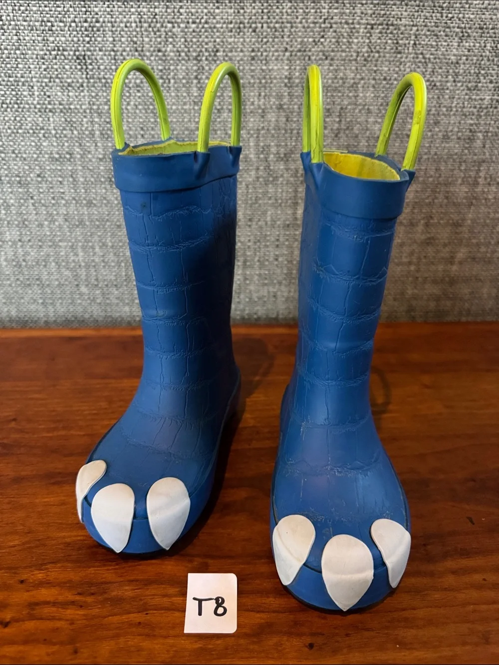 Cat and Jack Toddler Boys Blue Dinosaur Rain Boots with Lime Pull Loops Size 5